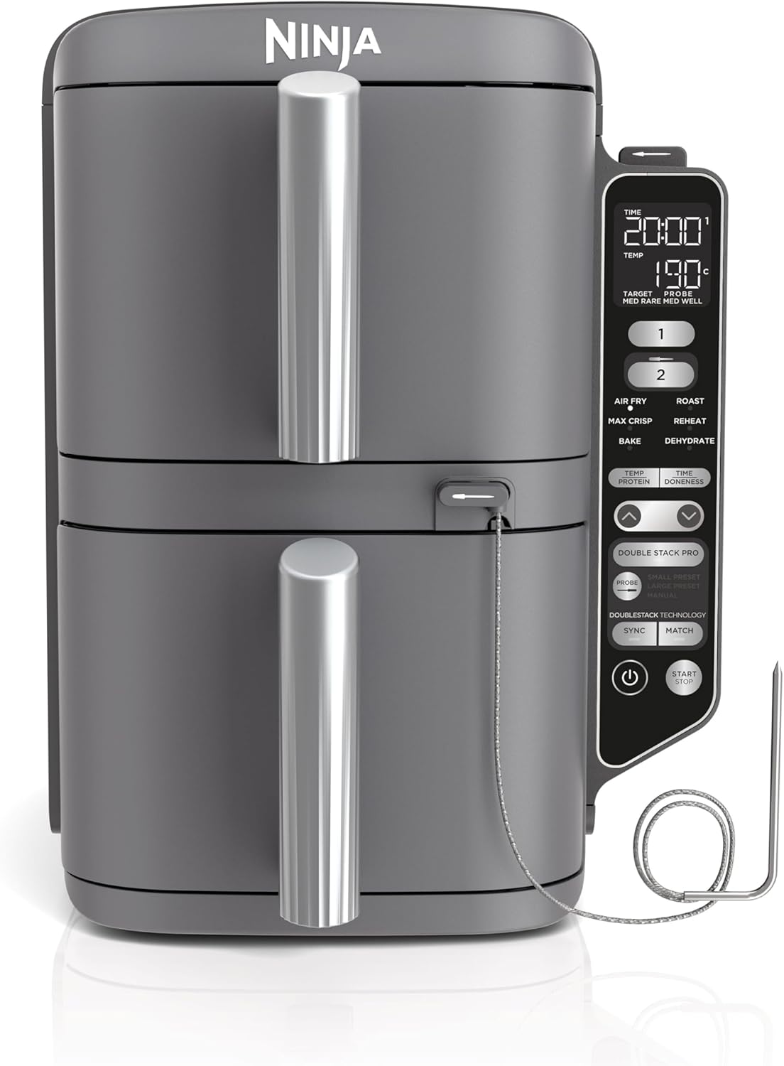 Ninja Double Stack XL Air Fryer with Digital Thermometer, 9.5 L Airfryer, Vertical, Four Cooking Settings, 2 Cooking Levels and 2 Levels, 6 Cooking Functions, 8 Servings, Gray SL451EU