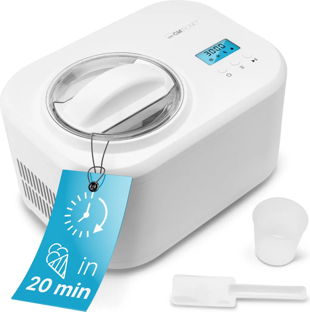 Clatronic Ice Cream and Yogurt Maker | Ice cream in 20 min. | for up to 1000ml | Ice cream maker with compressor | for ice cream & frozen yogurt | Incl. recipe suggestions, spatula and measuring cup | ICM 3799