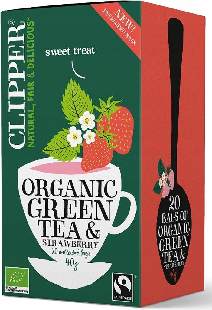 Clipper Green Tea with Strawberry 20 Tea Bags - Organic Green Tea & Strawberry - Fairtrade & Natural - Fruity Sweet - Unbleached Bags 40g