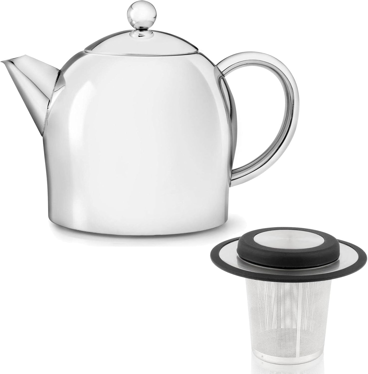 Teapot Set 0.5 Litres - Stainless Steel Shiny Double Walled - Small Tea Maker with Tea Filter Attachment for Loose Tea