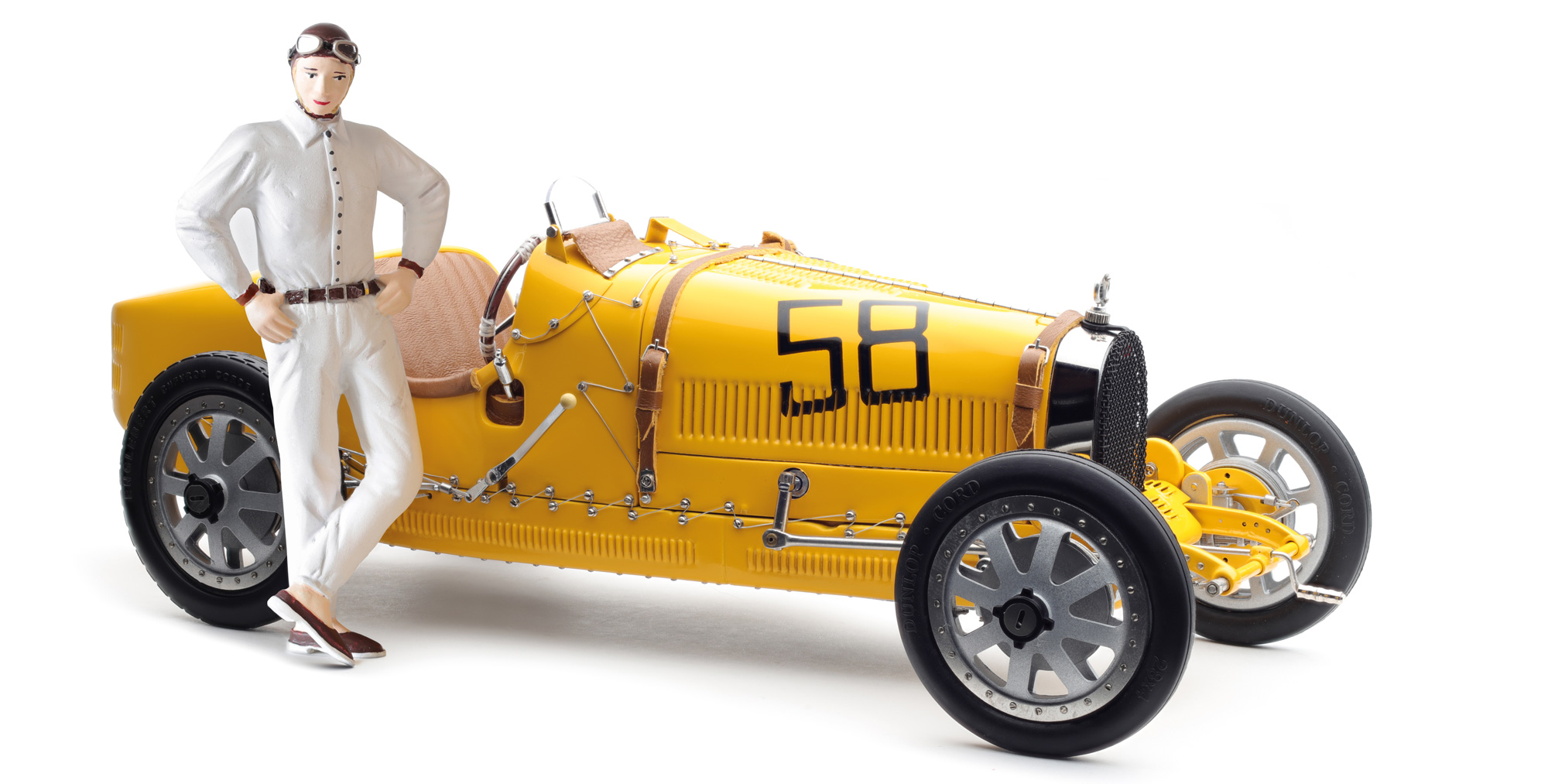 CMC Bugatti Type Grand Prix Yellow Livery With A Female Racer Figurine