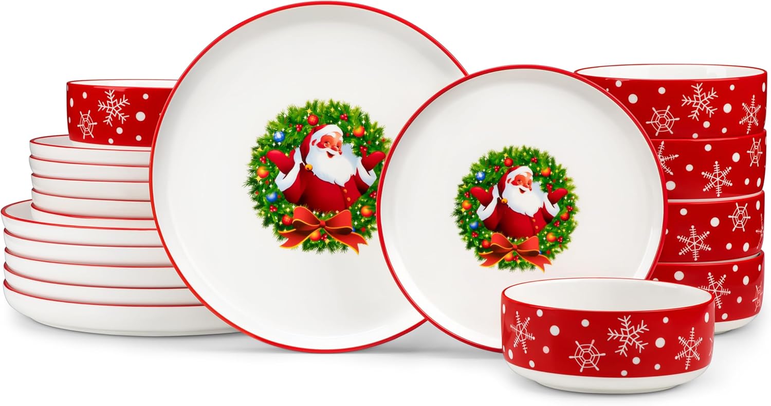 MALACASA Christmas Tableware for 6 People, 18-Piece Christmas Tableware - 6 Dinner Plates, 6 Dessert Plates, 6 Cereal Bowls, Ceramic, Santa Claus Theme for Family Dinners and Holidays