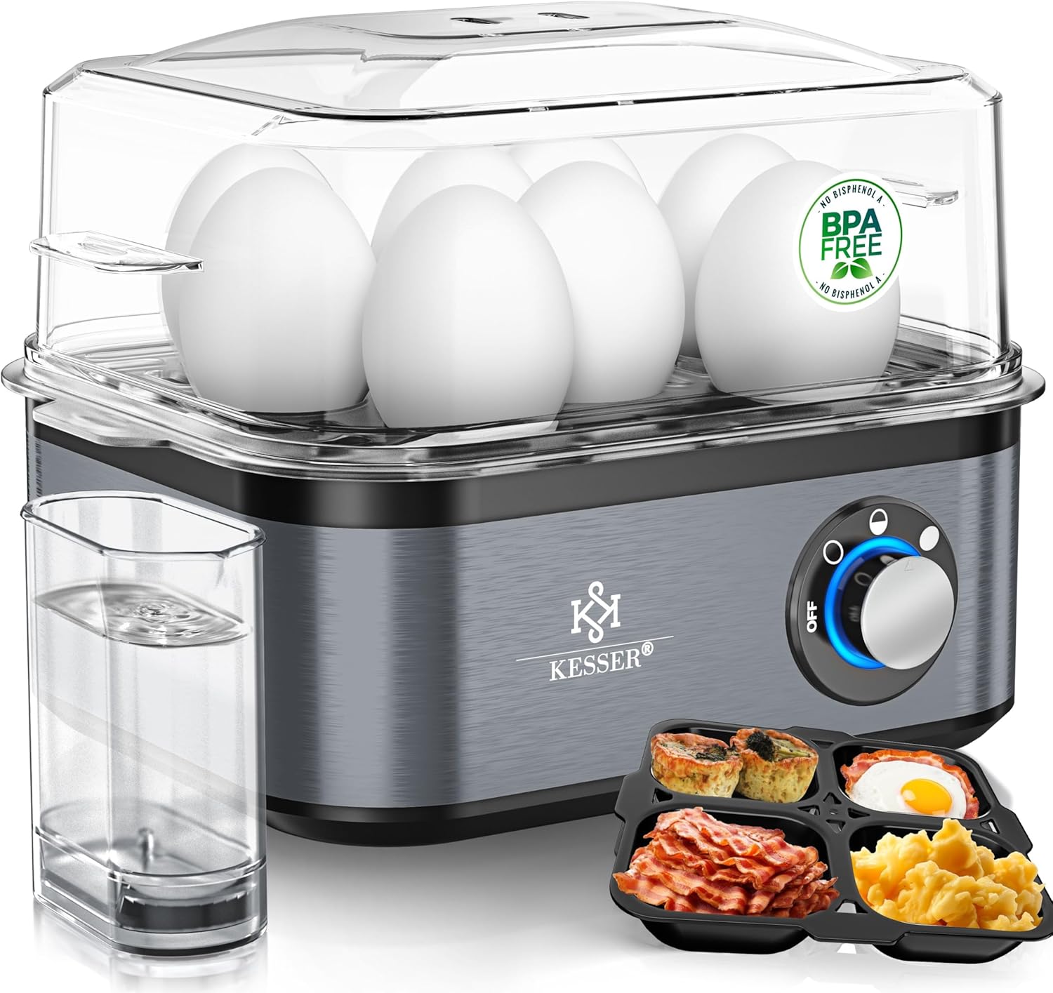 KESSER Egg Cooker for 1 to 8 Eggs Electric Stainless Steel 500 W & Keep Warm Function LED Rotary Switch Three Hardness Levels BPA Free & Dishwasher Safe Measuring Cup, Egg Holder & Omlette Bowl Anthracite
