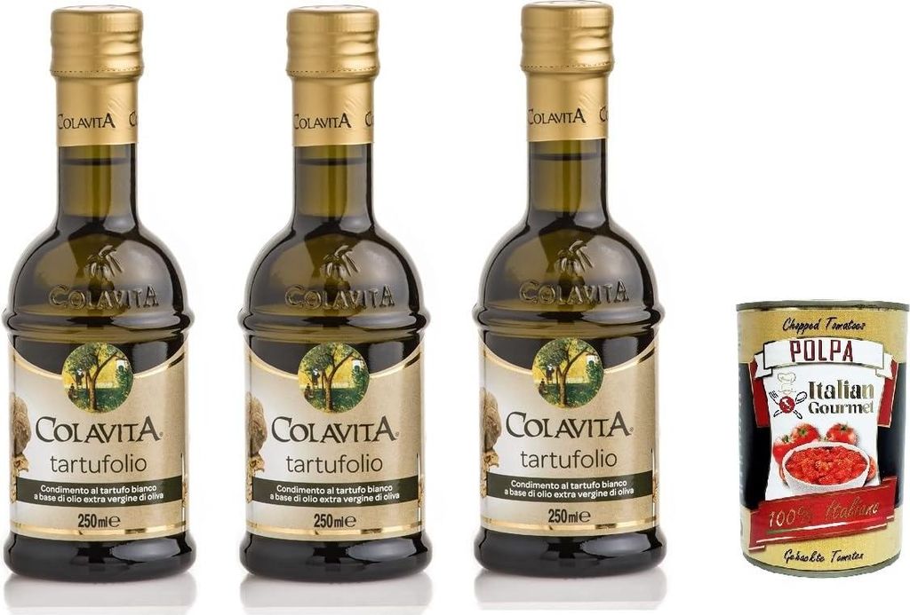 Italian Gourmet E.R. Colavita Aromed Evoo - Tartufolio spice, white truffle flavoring - olive oil, 3 x 250 ml glass bottles + Italian Gourmet polpa 400g