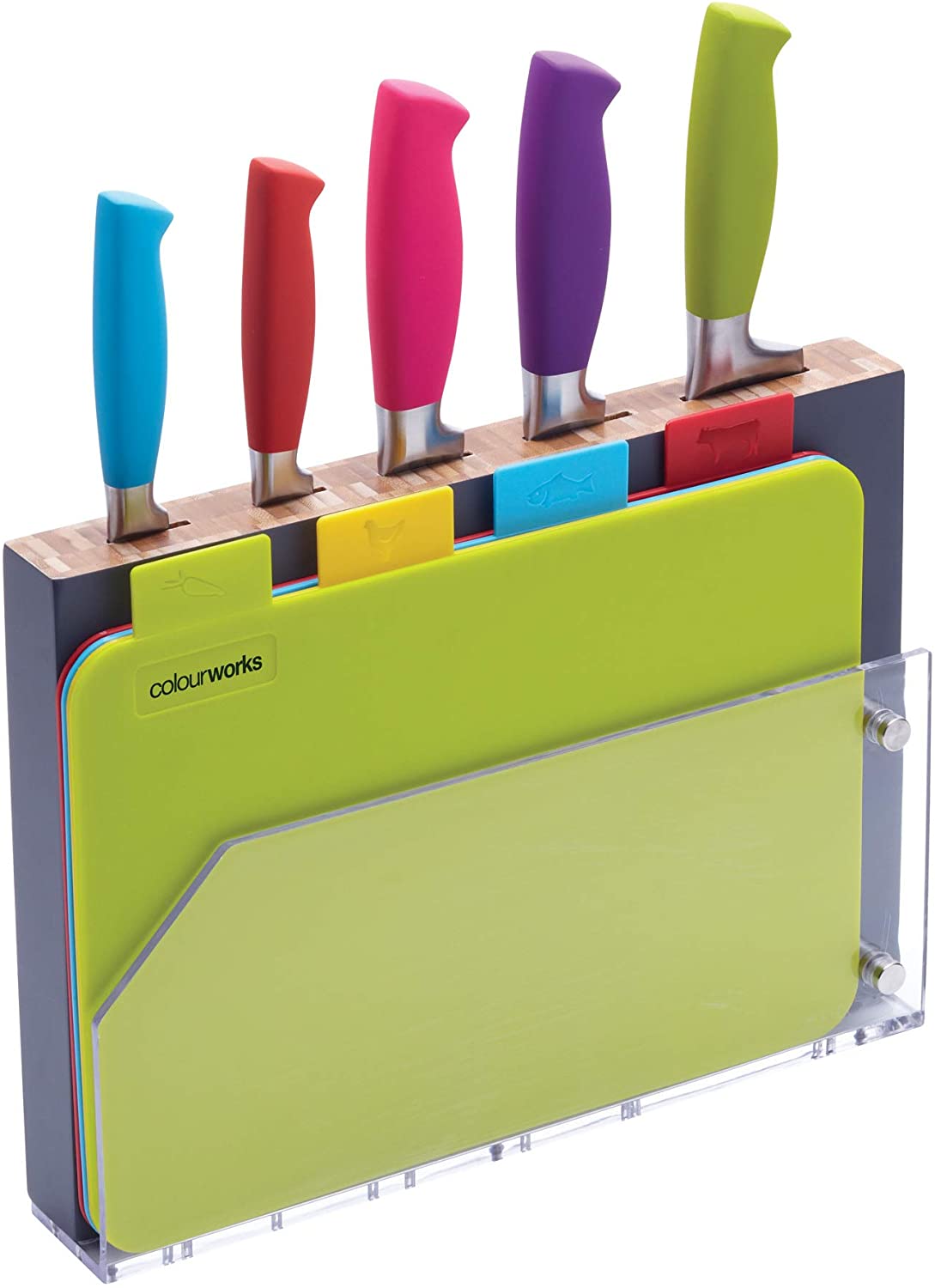 KitchenCraft Colourworks 9-Piece Knife Block and Board Set/PP – Stainless Steel/Acrylic