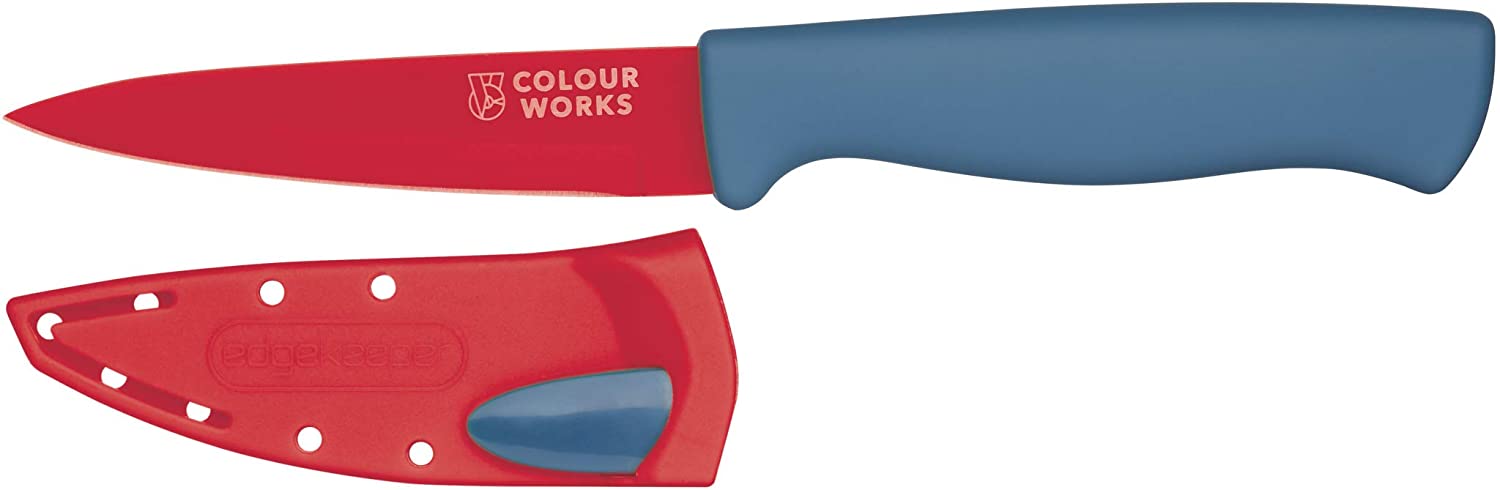 KitchenCraft COLOURWORKS CWBREKPARRED Paring Knife with Edgekeeper Knife Sharpener Sheath, Stainless Steel, Red