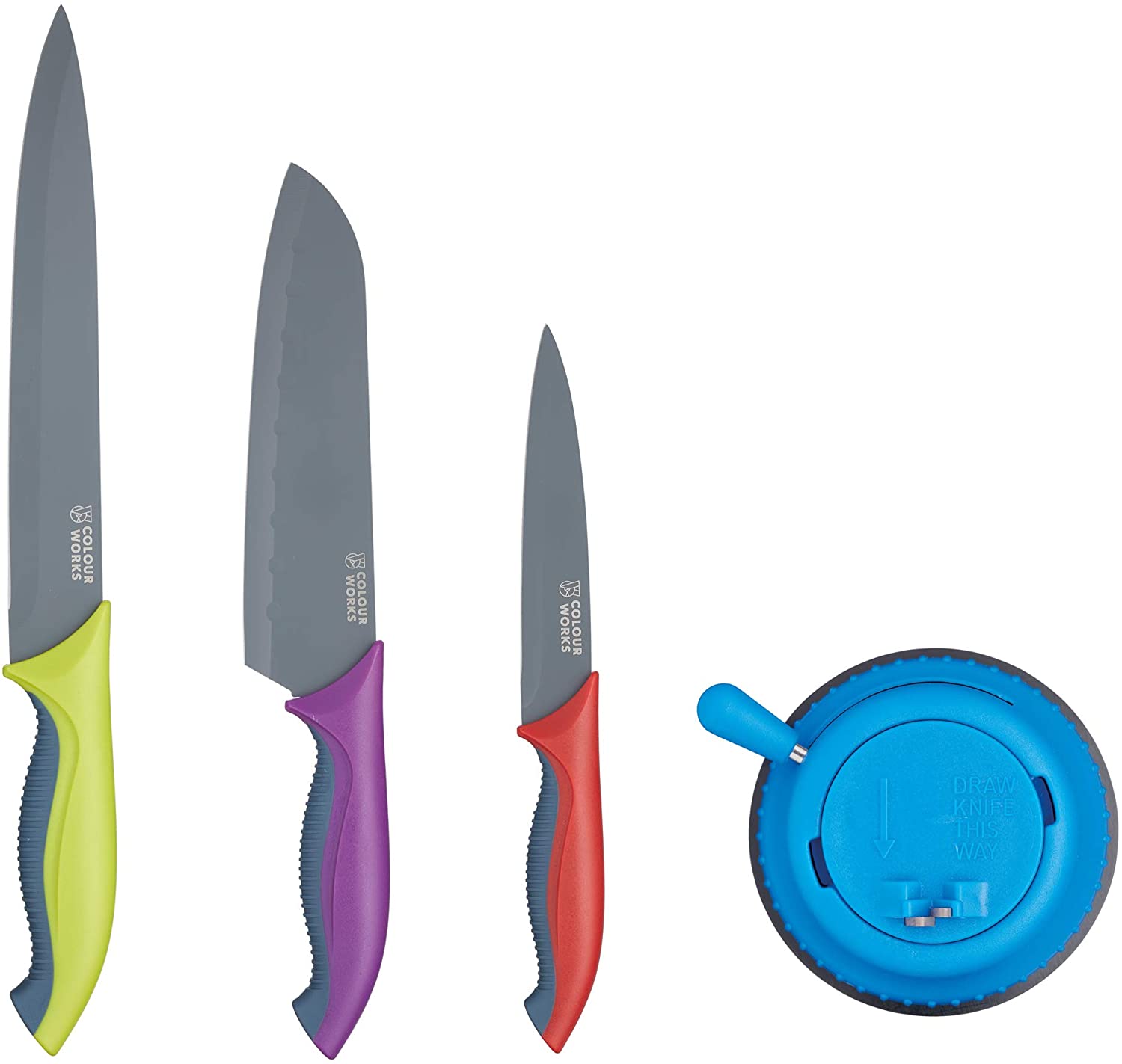 KitchenCraft Colourworks Kitchen Knife Set with Knife Sharpener in Gift Box, Stainless Steel - Multicoloured (3 Kitchen Knives and Sharpener)