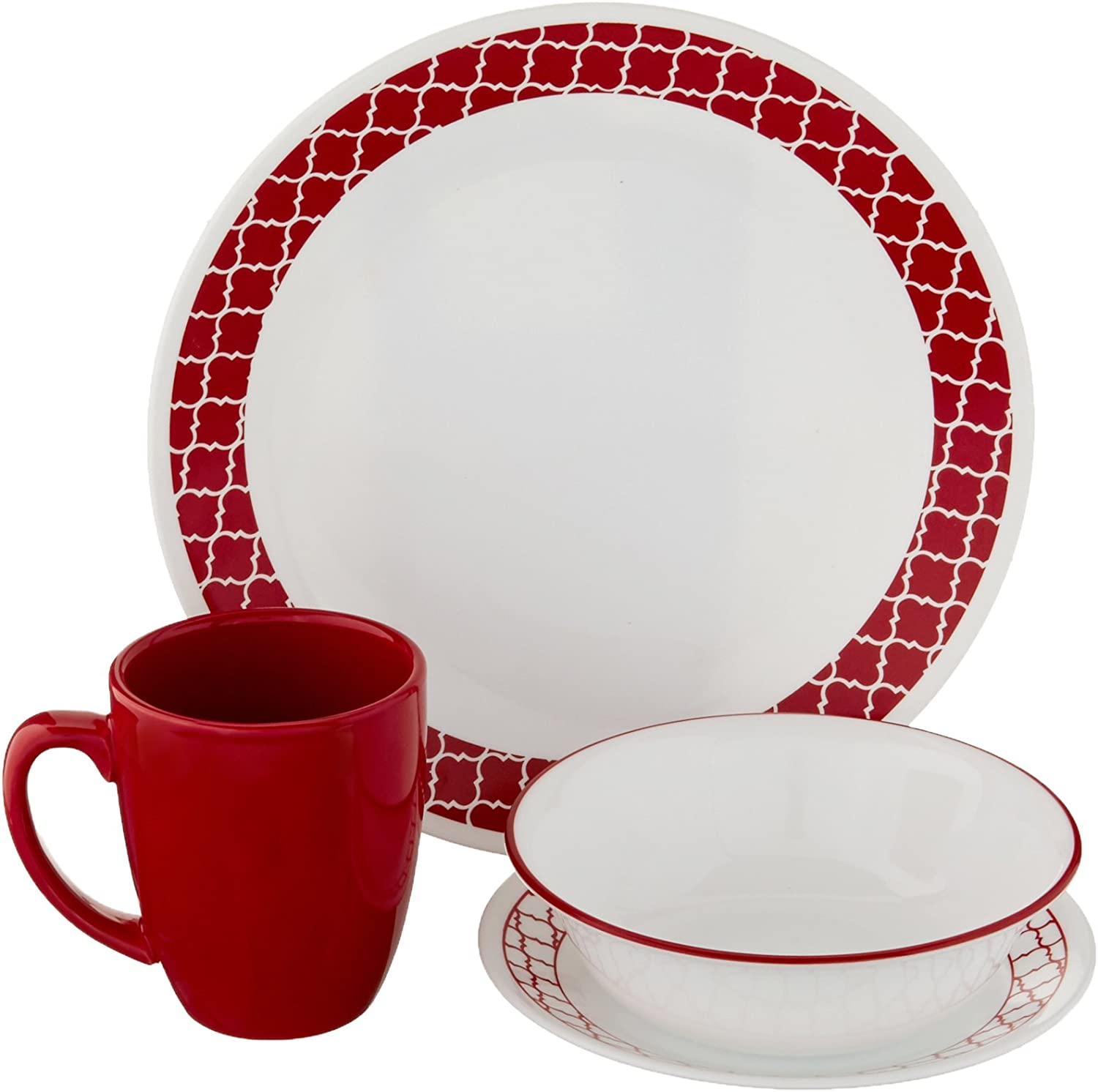Corelle Crimson Grid Glass Chip and Break Resistant Dinner Set, Red, Set of 16