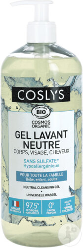 Coslys Neutral Cleansing Gel for Body/Face/Hair, Organic Pump Bottle, 1 liter