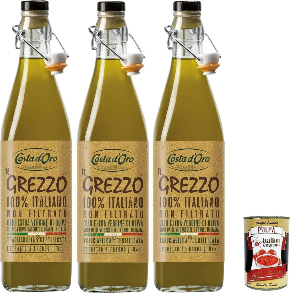 Costa d'Oro Il Grezzo Extra Virgin Olive Oil - Unfiltered & Cold-Pressed 3 x 750ml + Italian Gourmet polpa 400g 2650 ml