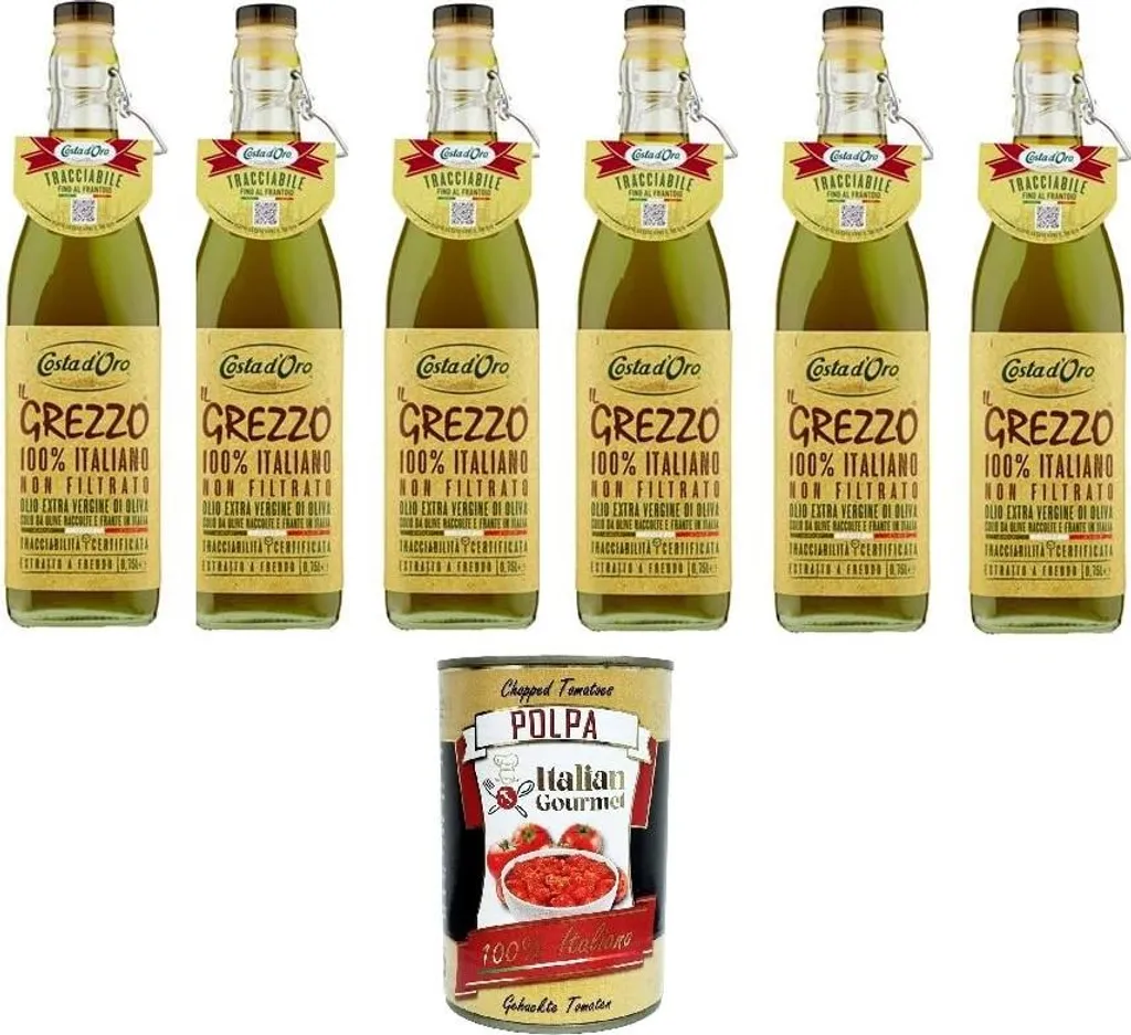 Costa d'Oro Il Grezzo Extra Virgin Olive Oil - Unfiltered & Cold-Pressed 6 x 750ml + Italian Gourmet polpa 400g 4900 ml