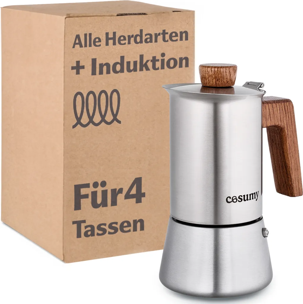 Niboline Cosumy Espresso Maker made of stainless steel and sustainable oak wood - 4 cups - suitable for induction and all types of cooktops