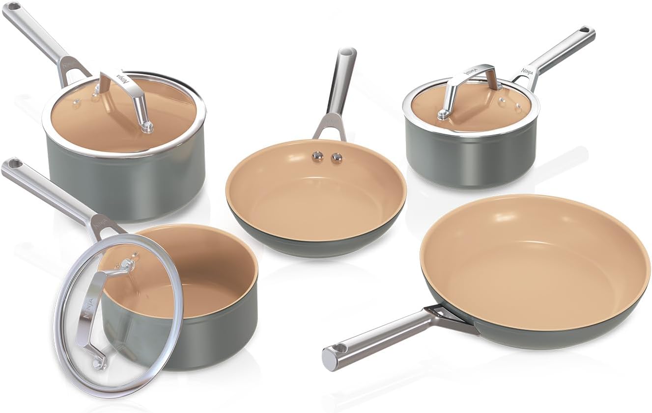 Ninja Extended Life 5-Piece Ceramic Cookware Set (20 & 24 cm Frying Pans + 16, 18 & 20 cm Pots and Lids) Non Stick (No PFAs, PFOA, Lead or Cadmium), Oven Safe 285 C