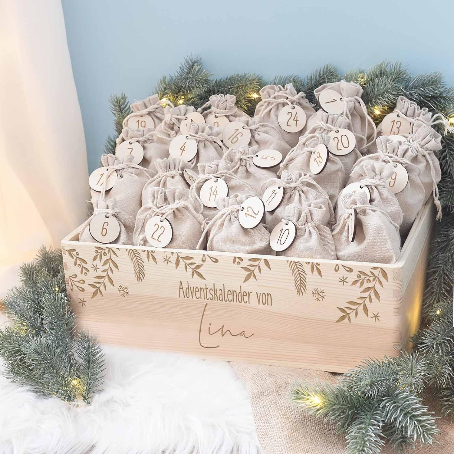 Personalized Advent Box - Wooden Advent Calendar with Name - Engraving Calendar DIY - Christmas Calendar for Children - Hello Mini (Branches)