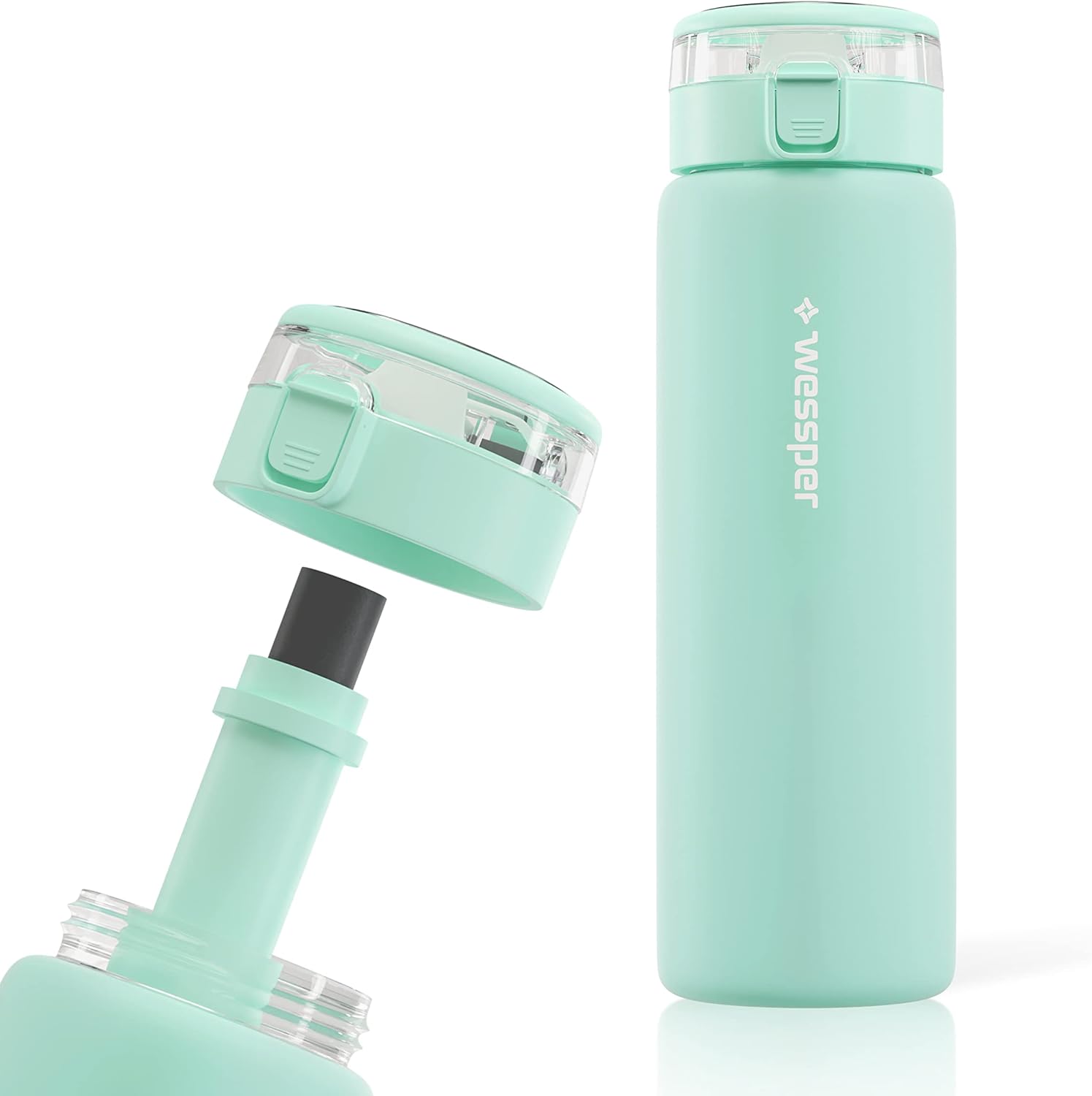 Wessper Glass Water Bottle 680 ml with Water Filter, BPA-Free, Leak-Proof Glass Bottle with Activated Carbon Filter, Water Bottle with Screw Cap for Gym, Fitness, School, Office - Mint