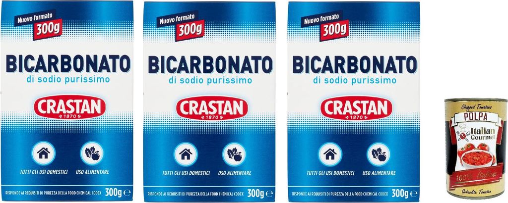 Crastan Pure Sodium Bicarbonate for home and food use, 3 x 300g + Italian Gourmet Polpa 400g