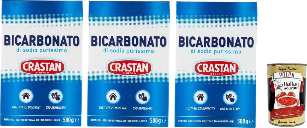 Crastan Pure Sodium Bicarbonate for home and food use, 3 x 500g + Italian Gourmet Polpa 400g