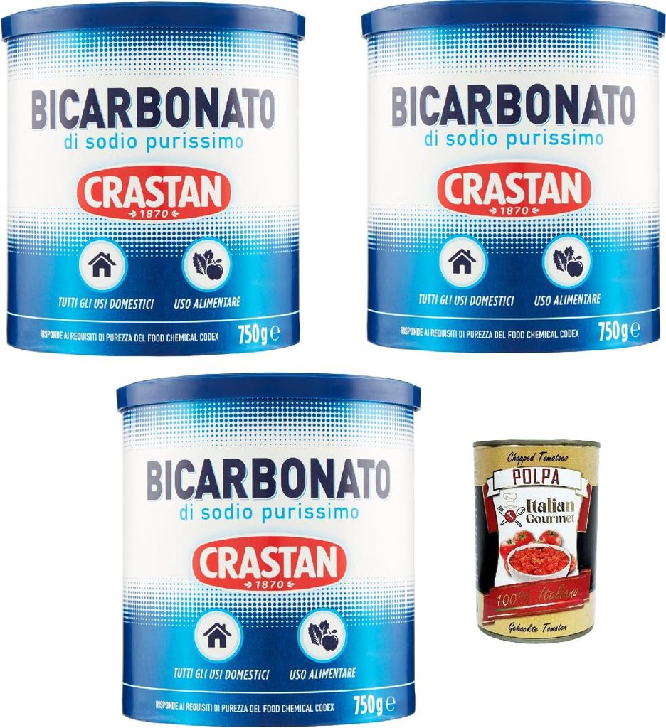Crastan Pure Sodium Bicarbonate for home and food use 3 x 750g + Italian Gourmet Polpa 400g