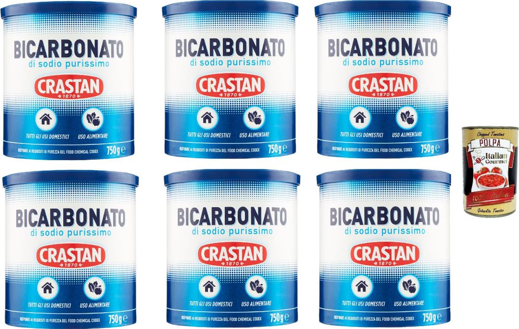 Crastan Pure Sodium Bicarbonate for home and food use, 6 x 750g + Italian Gourmet Polpa 400g