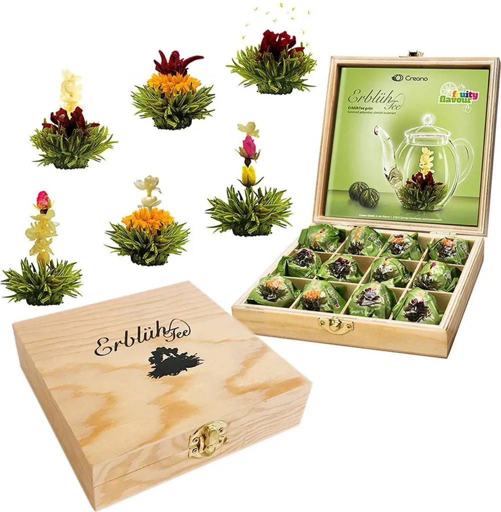 Creano Flowering Tea Gift Set in Wooden Tea Box, 12 Flowering Teas in 6 Varieties, Fruity Flavored Green Tea 84g
