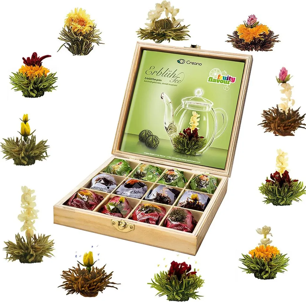 Creano Flowering Tea Gift Set in a Wooden Tea Box, 12 Flowering Teas in 11 Varieties: White Tea, Green Tea, Black Tea, Tea Roses, Gift for Women, Mothers, Tea Lovers 84g