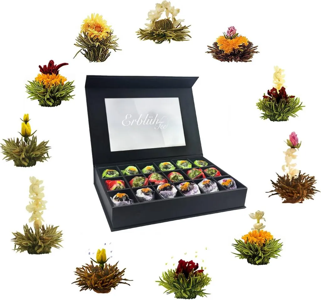 Creano Flowering Tea Mix 18-piece set: white, black & green tea in an elegant magnetic box with viewing window & silver embossing 126g