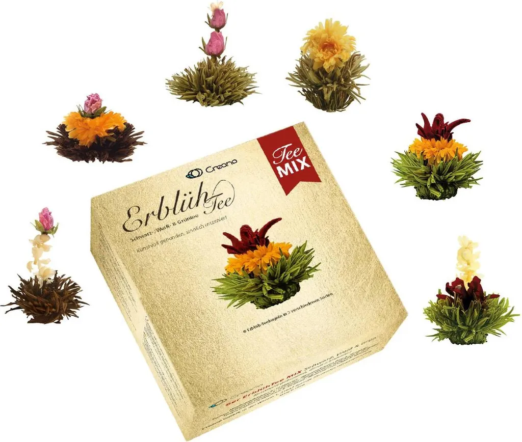 Creano Flowering Tea Mix - 6 Flowering Teas: White, Green & Black Tea, Flowering Tea, Gift for Women 42g