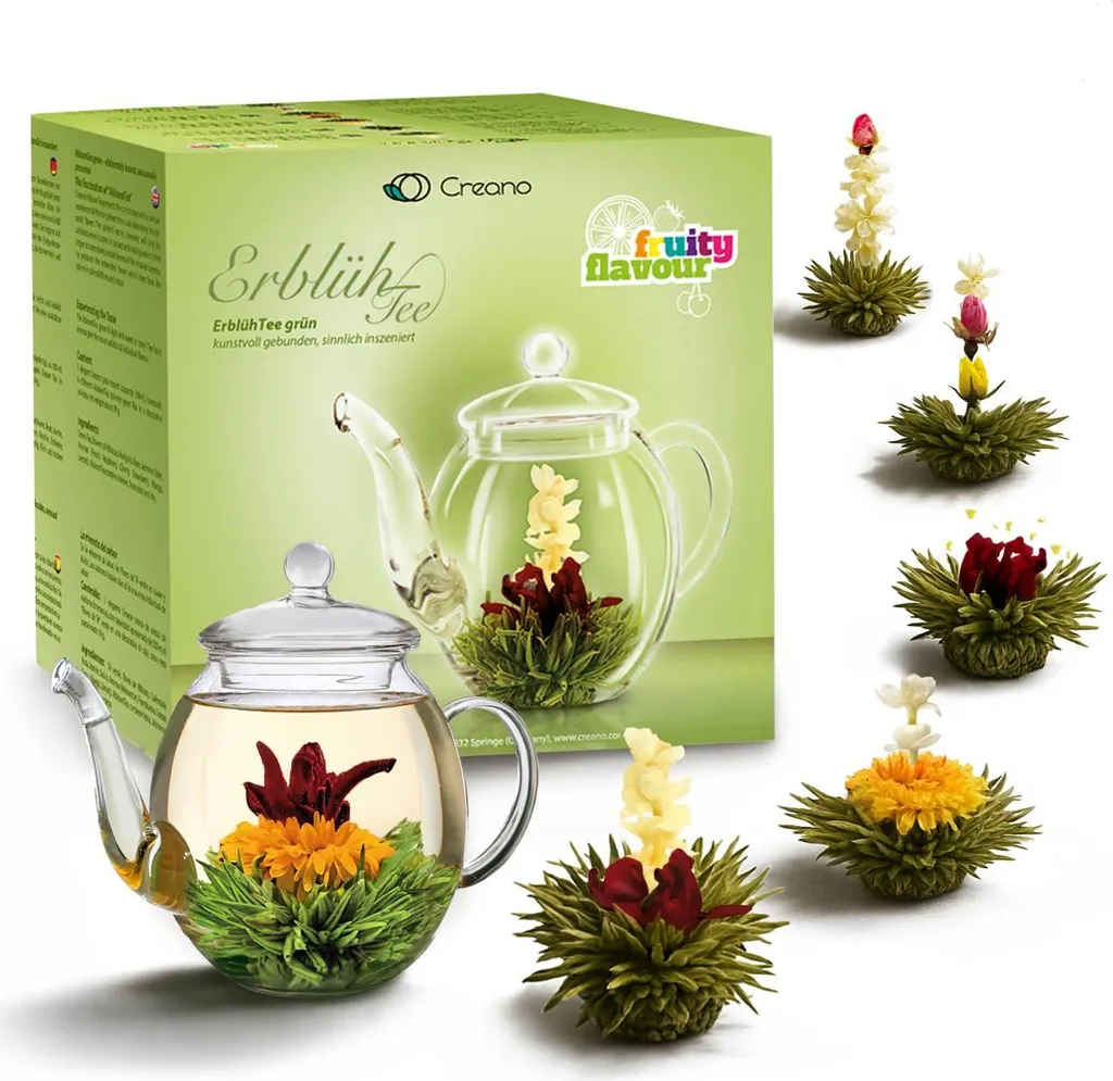 Creano Flowering Tea Mix - Gift Set, Flowering Tea with Glass Teapot, Fruity Flavored Green Tea (6 Varieties of Flowering Tea), Blooming Tea, Tea Gift for Women, Mothers, Tea Lovers