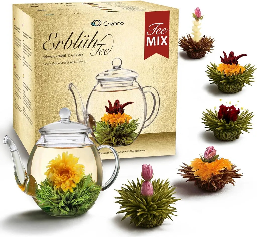 Creano Flowering Tea Mix - Golden Gift Set, Flowering Tea with Glass Teapot, White, Green & Black Tea in 6 Varieties, Flowering Tea, Blooming Tea, Gift for Women 42g