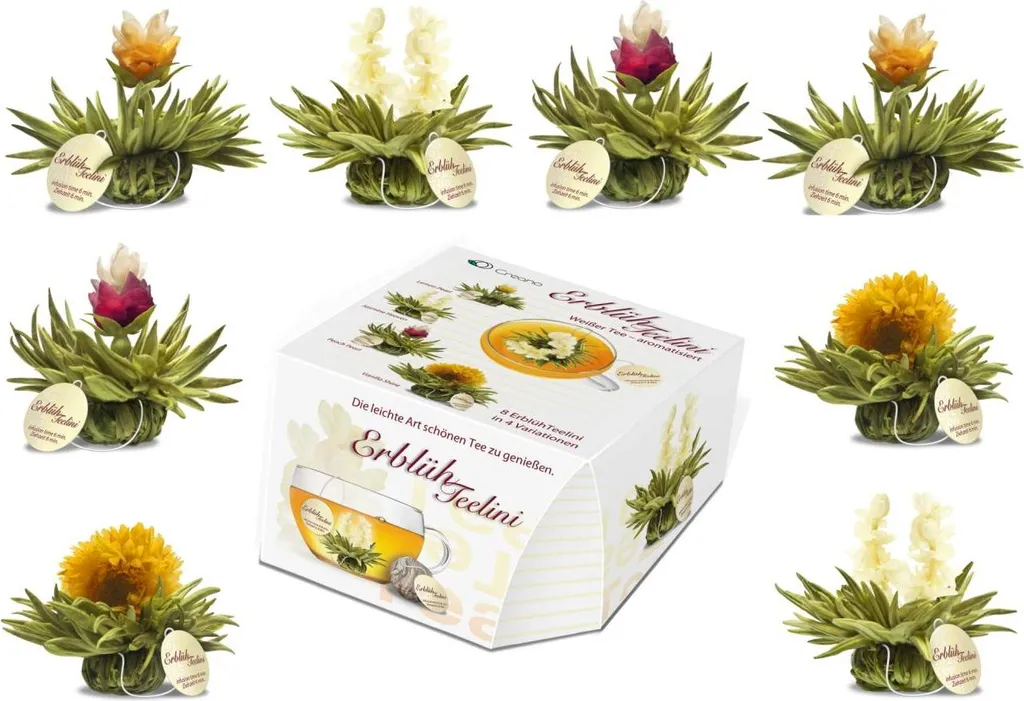 Creano Flowering Tea Variation in the exclusive cup format "Blooming Tealini" - 8 tea blossoms in 4 different varieties (White Tea) 40g