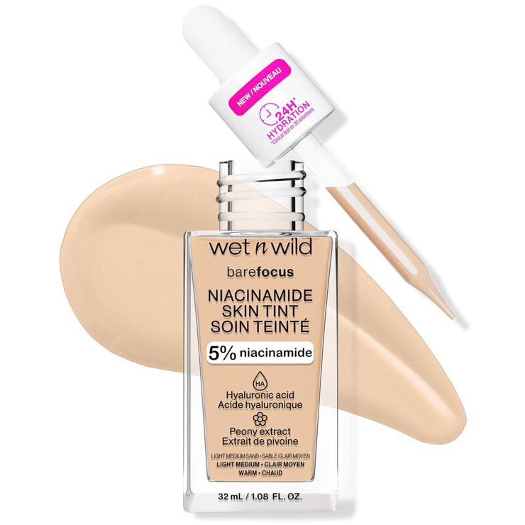 Wet n Wild Bare Focus Niacinamide Skin Tint, Lightweight Foundation with Buildable Formula, Enriched with Hyaluronic Acid and Vitamin E for a Radiant Look, Light Medium Sand