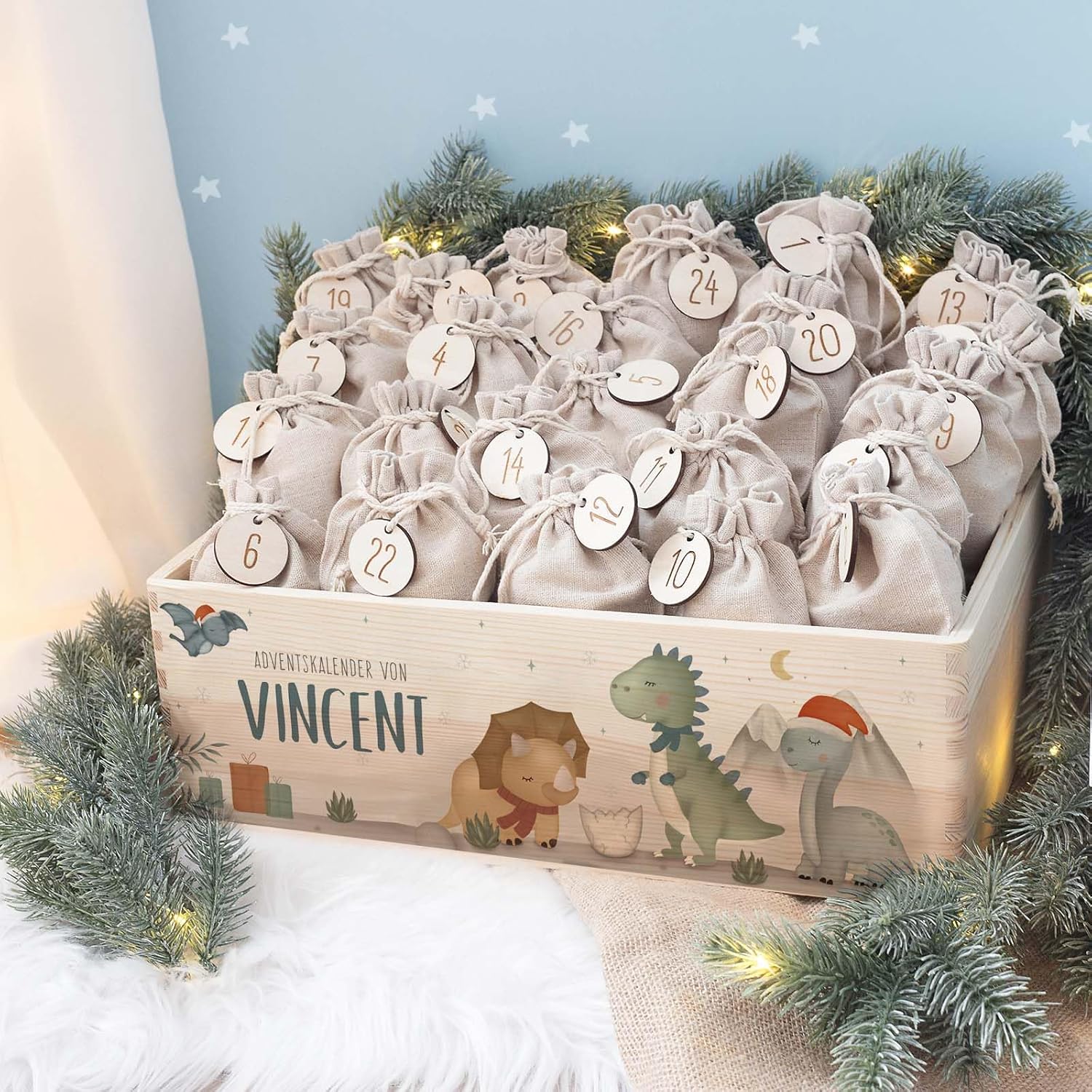 Personalized Advent Box - Wooden Advent Calendar with Name - Engraving Calendar DIY - Christmas Calendar for Children - Hello Mini (Dino Print)