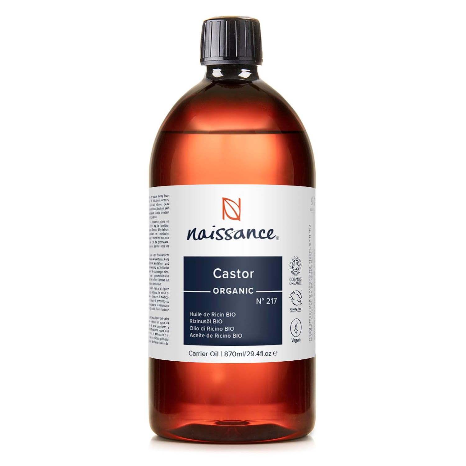 Naissance Organic Cold Pressed Castor Oil (no. 217) 1 Liter - Pure, Certified Organic, Unrefined, Vegan, Hexane Free, No GMO