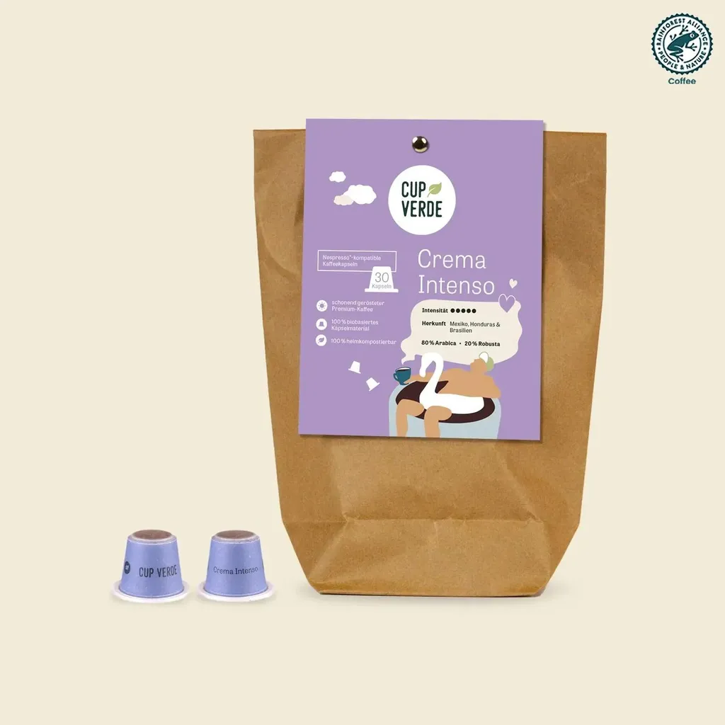 CUP VERDE – 30 sustainable Crema Intenso coffee capsules - compatible with Nespresso* - extra strong - fair trade - gently roasted 795g