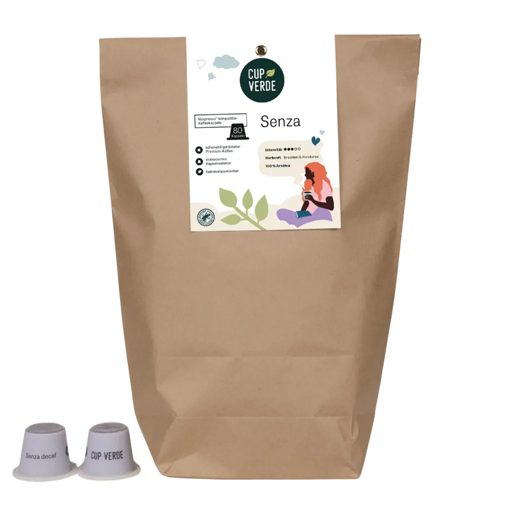 CUP VERDE – 80 caffeine-free SENZA coffee capsules - compatible with Nespresso* - sustainable - full flavor without caffeine - capsules for home composting 795g