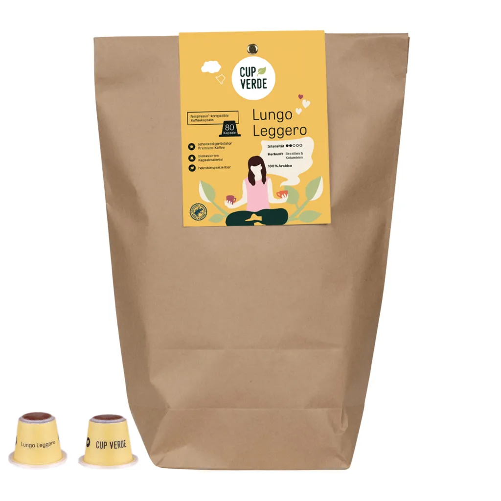 CUP VERDE – 80 sustainable Lungo Leggero coffee capsules - compatible with Nespresso* - mild and low in acidity - fair trade - gently roasted, 750 g