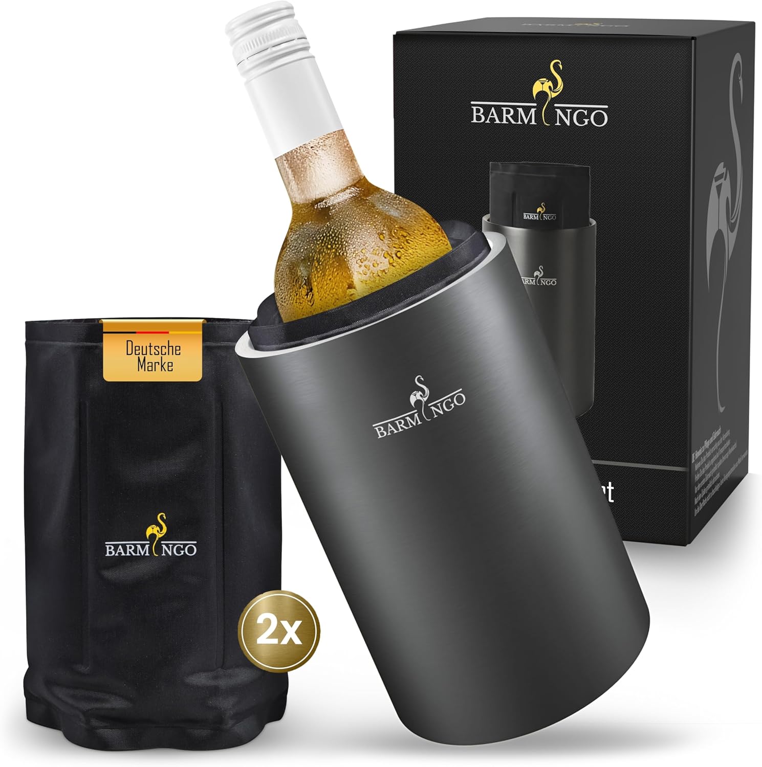 BARMINGO Stainless Steel Wine Cooler with 2 Ice Packs, Drink Cooler & Bottle Cooler for Wine, Sparkling, Champagne, Double-Walled Champagne Cooler with Cooling Cuffs, Wine Bottle Cooler, Metallic