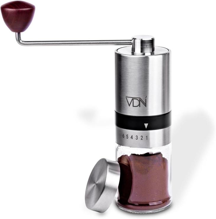 VDN Pro Coffee Grinder - Manual - Bean Grinder - Coffee Grinder Steel Discs - 6 Adjustable Power Levels - Includes Lid
