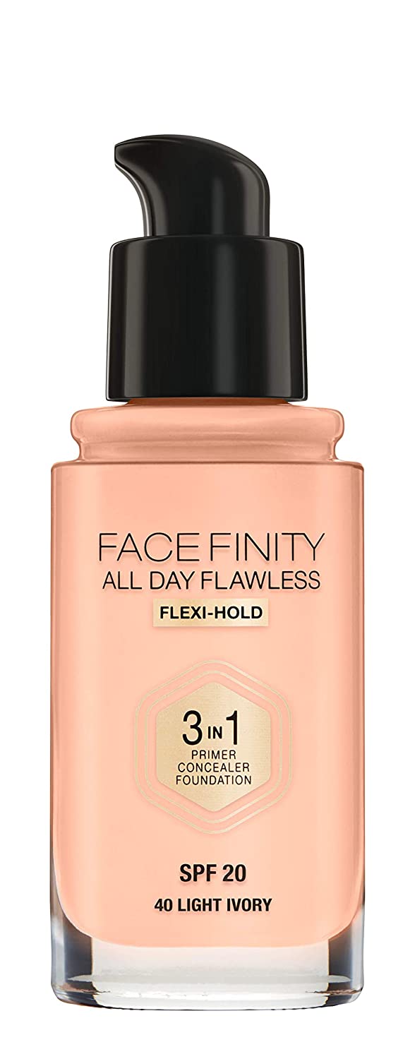 Max Factor All Day Flawless 3-in-1 Foundation in Light Ivory 40 - Primer, Concealer & Foundation in One - For a Perfect Frosted Finish - 1 x 30ml, ‎40