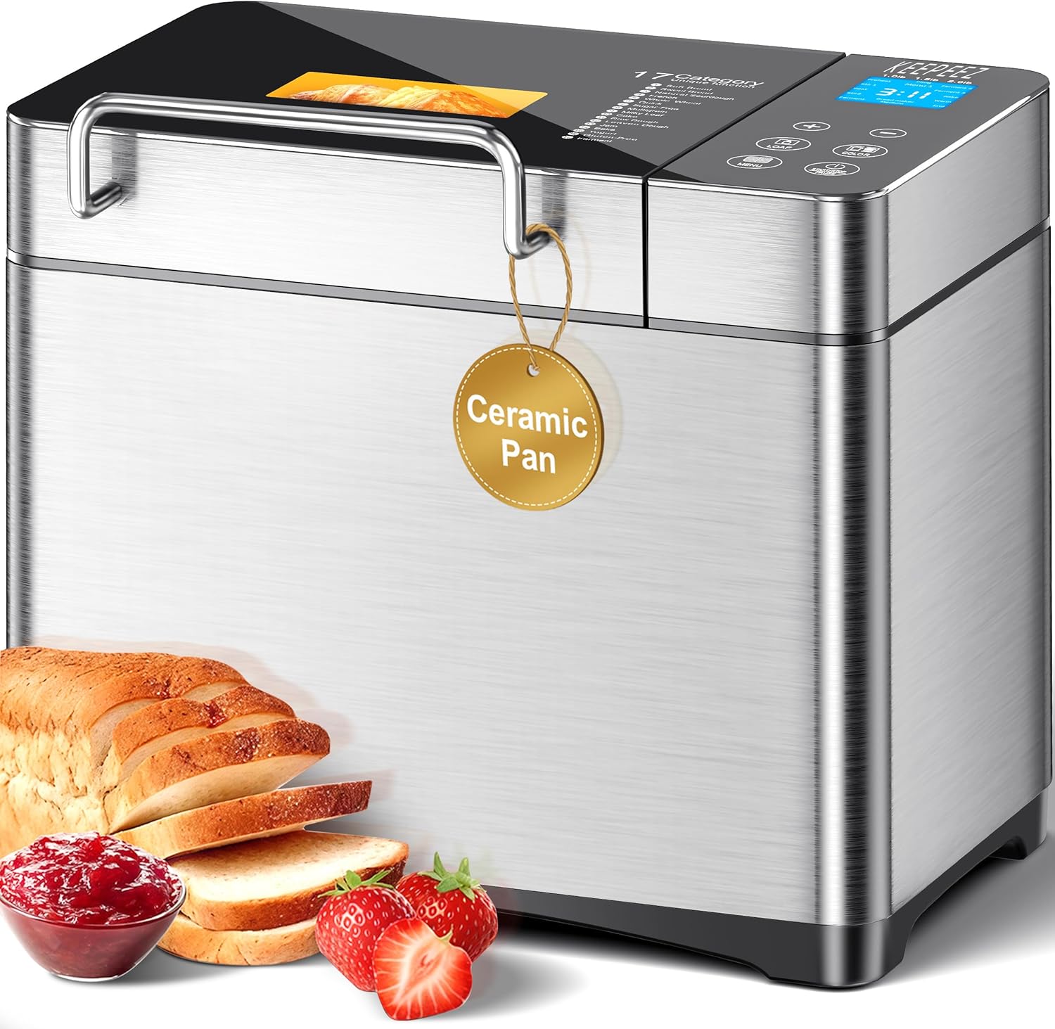 Stainless Steel Bread Maker, 2LB 17-in-1 Bread Maker with Fruit and Nut Container, Non-Stick Ceramic Mold and Digital Touch Panel, 3 Sizes, 3 Colors, Reserve and Warming Set