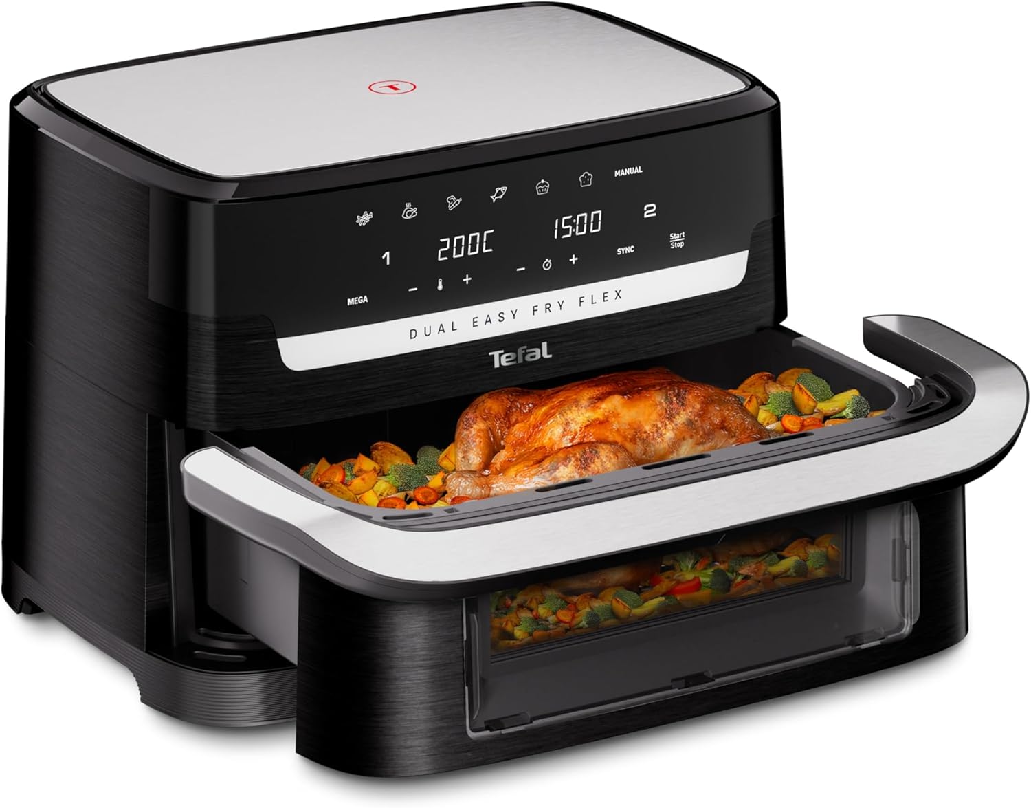 Tefal Dual Easy Fry Flex Hot Air Fryer, FlexCook Divider, 9L Total Capacity, 7 Different Modes, 2 Independent Cooking Zones, Black, EY9228E0