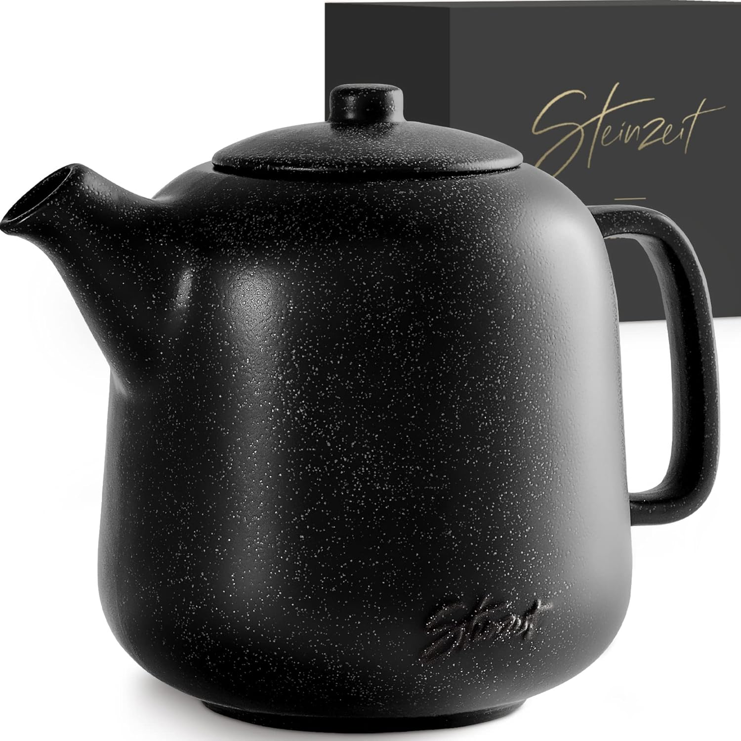 Stone Age Designer Teapot (1.3 L) - Teapot with Strainer Insert Made of 304 Stainless Steel - Ceramic Teapot with Unique Glaze - Removable Teapot with Strainer - Teapot Black