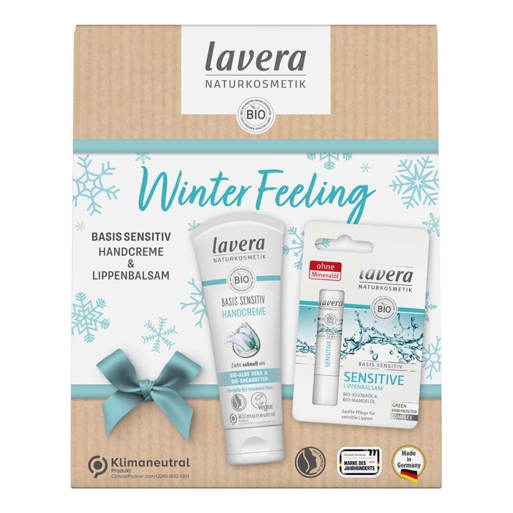 lavera Winter Feeling Gift Set - Basic Sensitive Hand Cream & Base Sensitive Lip Balm - Vegan - Natural Cosmetics - 75 ml, ‎cream