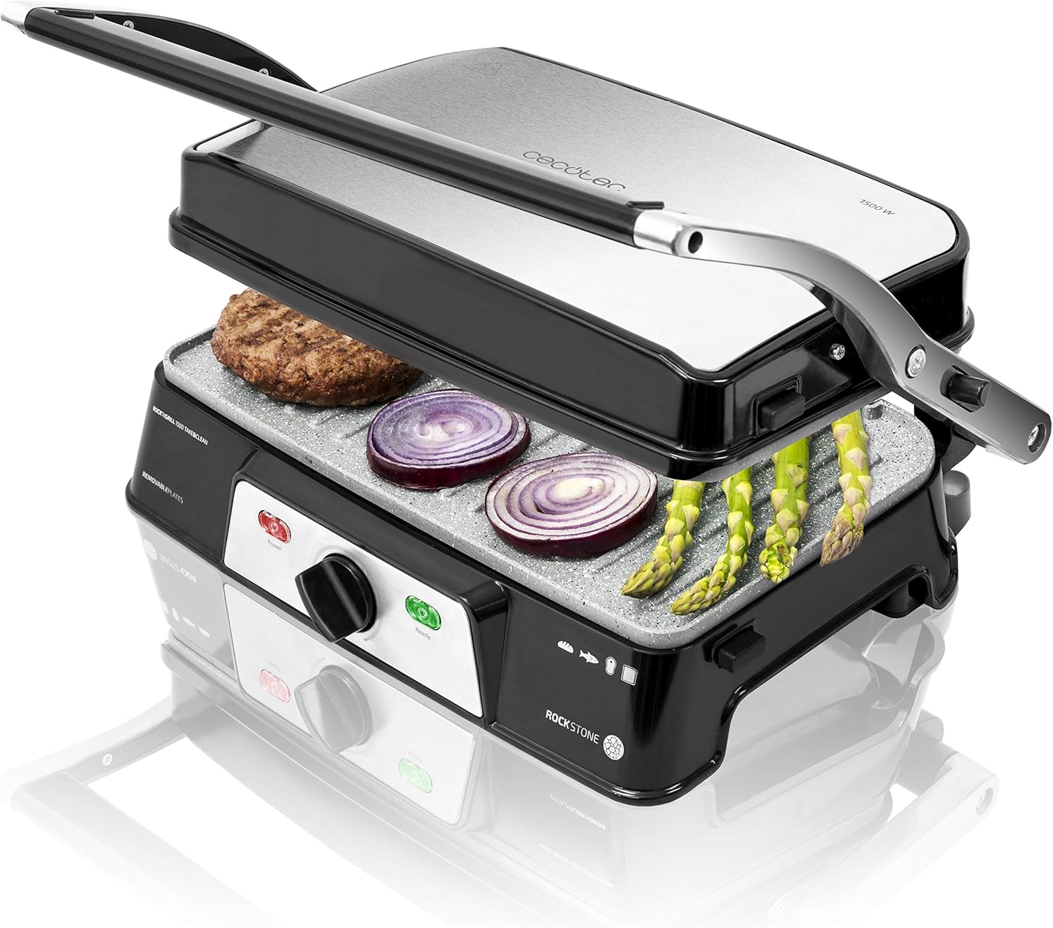 Cecotec Rock\'n Grill 2000 Electric Grill, RockStone Non-Stick Coating, 180º Opening, Height Adjustable, Hob 30 x 23.5 cm, 2000 W, Stainless Steel and Plastic (Removable Plates, 1500 W)