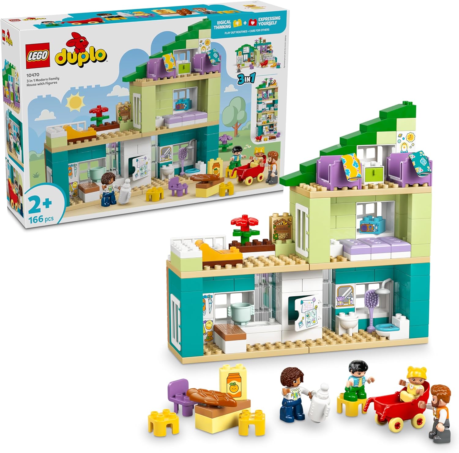 LEGO DUPLO 3-in-1 Modern Family House with Figures - Toddler Learning Toy for Fine Motor Skills - Montessori Toy with Dollhouse Accessories - Gift for Girls and Boys from 2 Years - 10470