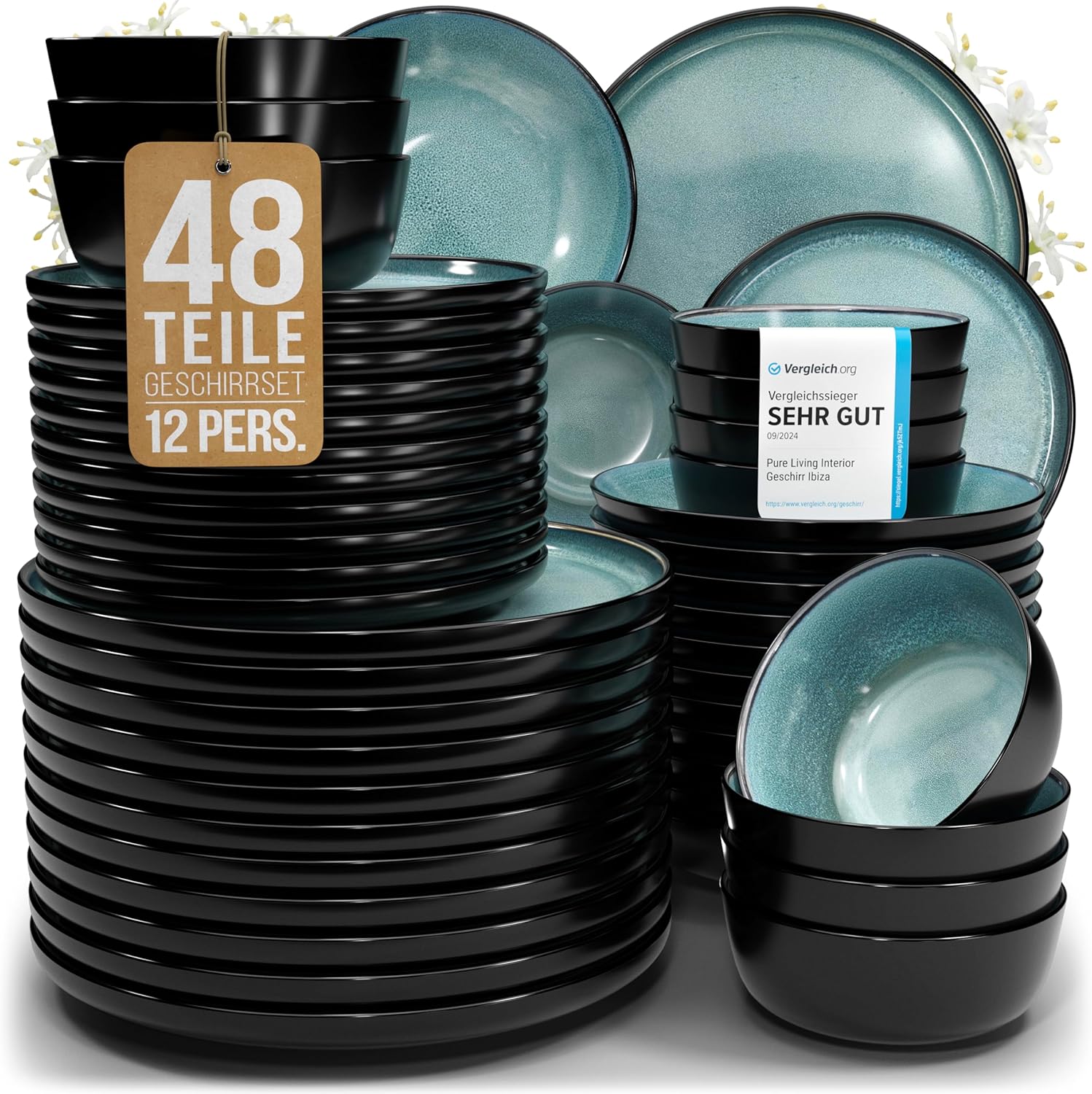 Pure Living Ibiza Stoneware Crockery Set for 12 People, 48-Piece Mediterranean Stoneware Tableware Set, ‘Very Good’ in Test, Bowl and Plate Set, Dinner Service for 12 People, Petrol