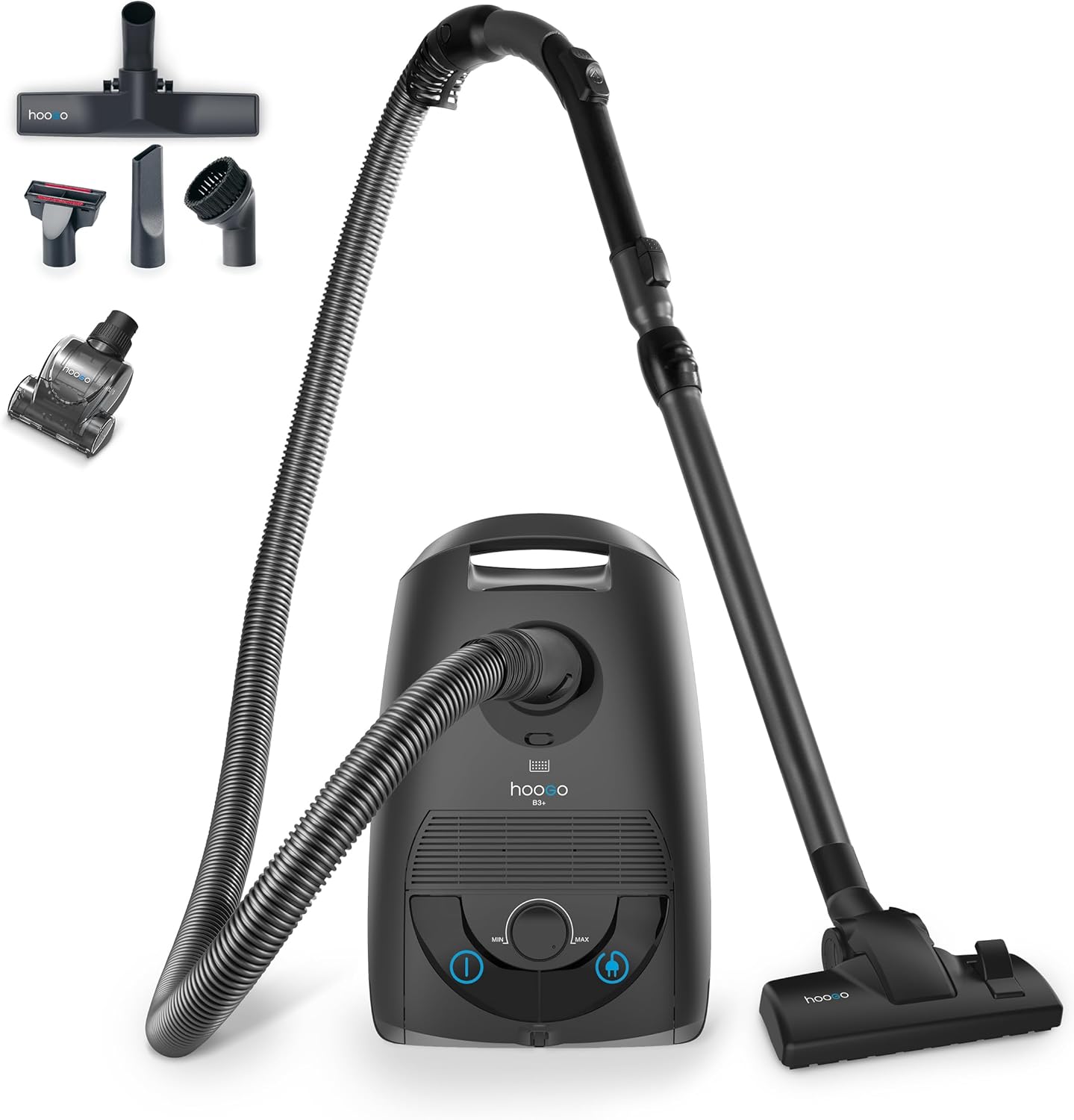hoogo Store hoogo B3+ Graphite with Flip-Flop Floor Nozzle, Plus Mini Turbo Brush, Vacuum Cleaner with Bag, Strong 850 W Suction Power, HEPA 14 Filter, 11 Meter Radius, Only 74 dB(A), 3 L Capacity
