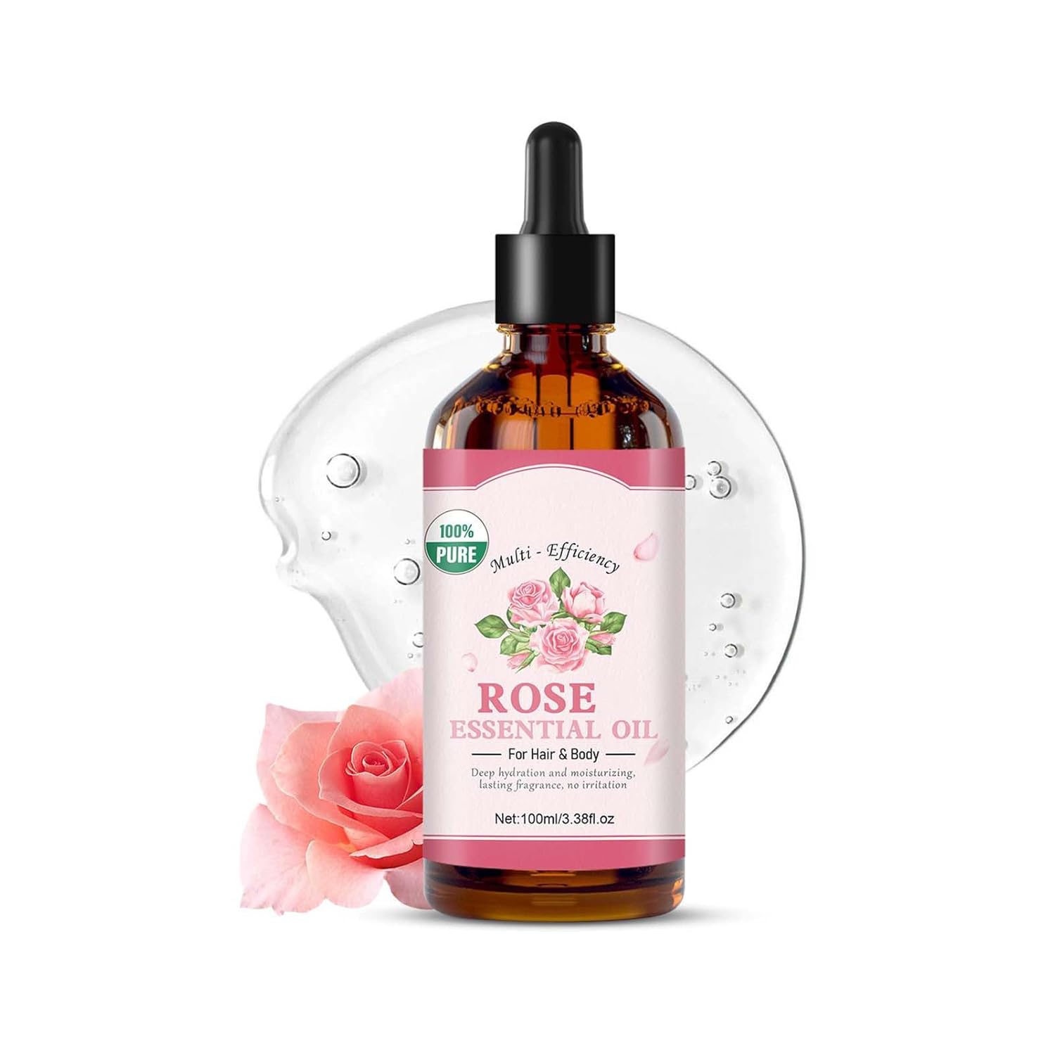 Woranb Rose Oil for Face with Rose Petals, Multi-Efficiency Rose Oil for Hair and Body, Natural Massage Body Oil for Dry Skin and Nails, Essential Rose Oil for Hair and Body