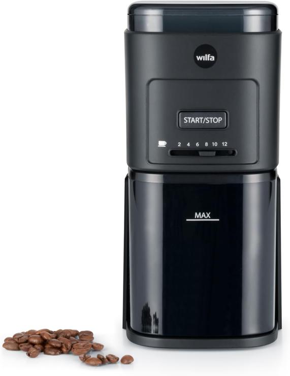 Wilfa DAILY Electric Coffee Grinder, Flat Disc Grinder Made of Stainless Steel, 260 g Bean Container, 12 Grinding Levels, Adjustable Powder Quantity for 2-12 Cups, Overheating Protection (Black)