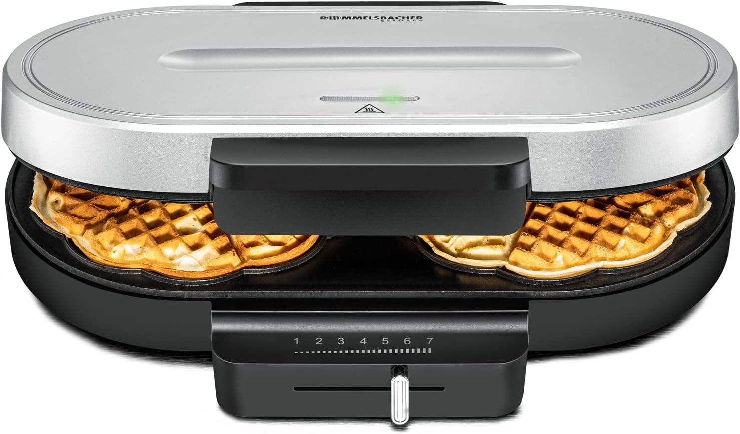 ROMMELSBACHER WA 1250 Waffle Machine for 2 Heart Wafers, 16 cm Diameter, Non-Stick Coating, Baking Light, Infinitely Adjustable, 1250 Watt, Black/Silver